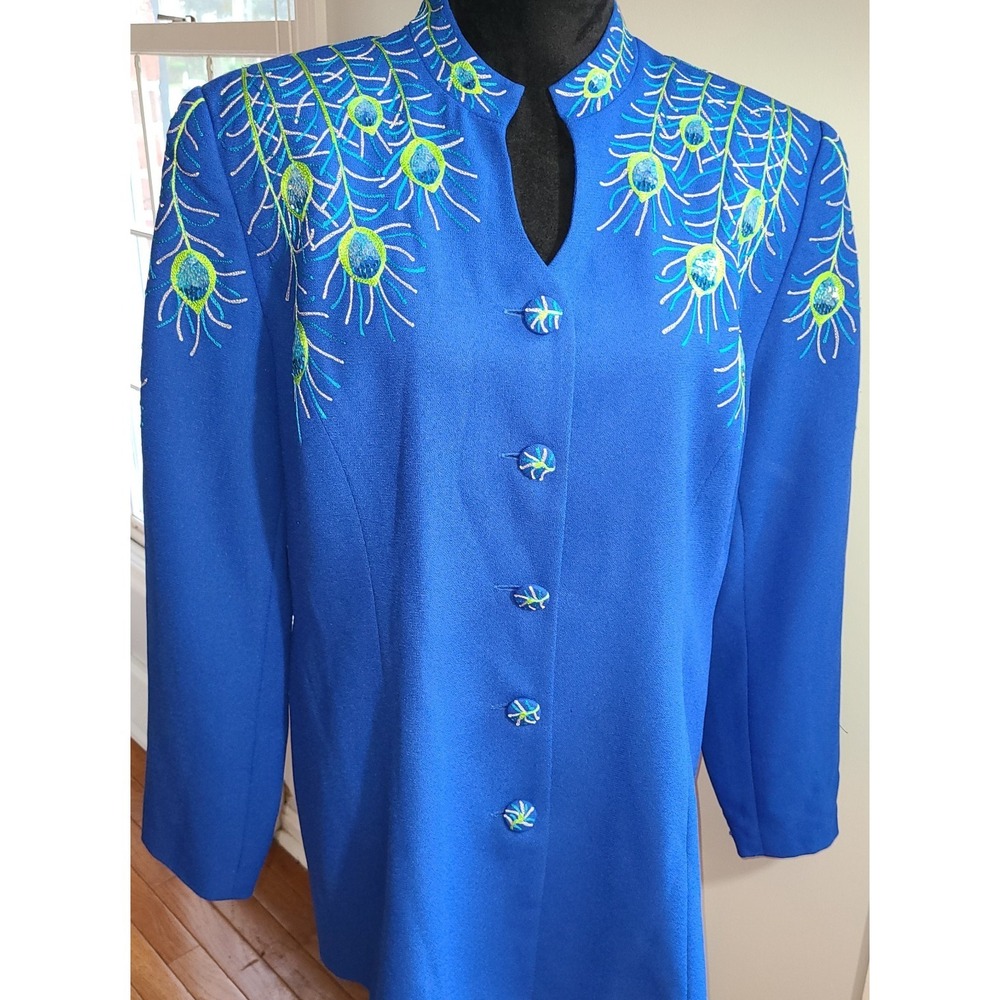 VTG 80s Peacock Sequin Jacket Donna Vinci Sz 16 Retro Elegant Festive Glam Blue